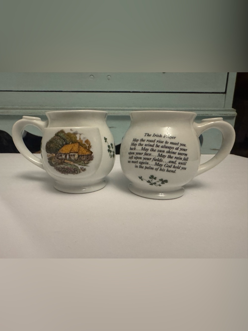 Vintage Irish Blessing Pocket Mugs Pair of 2 Thatch Cottage & Shamrocks Souvenir